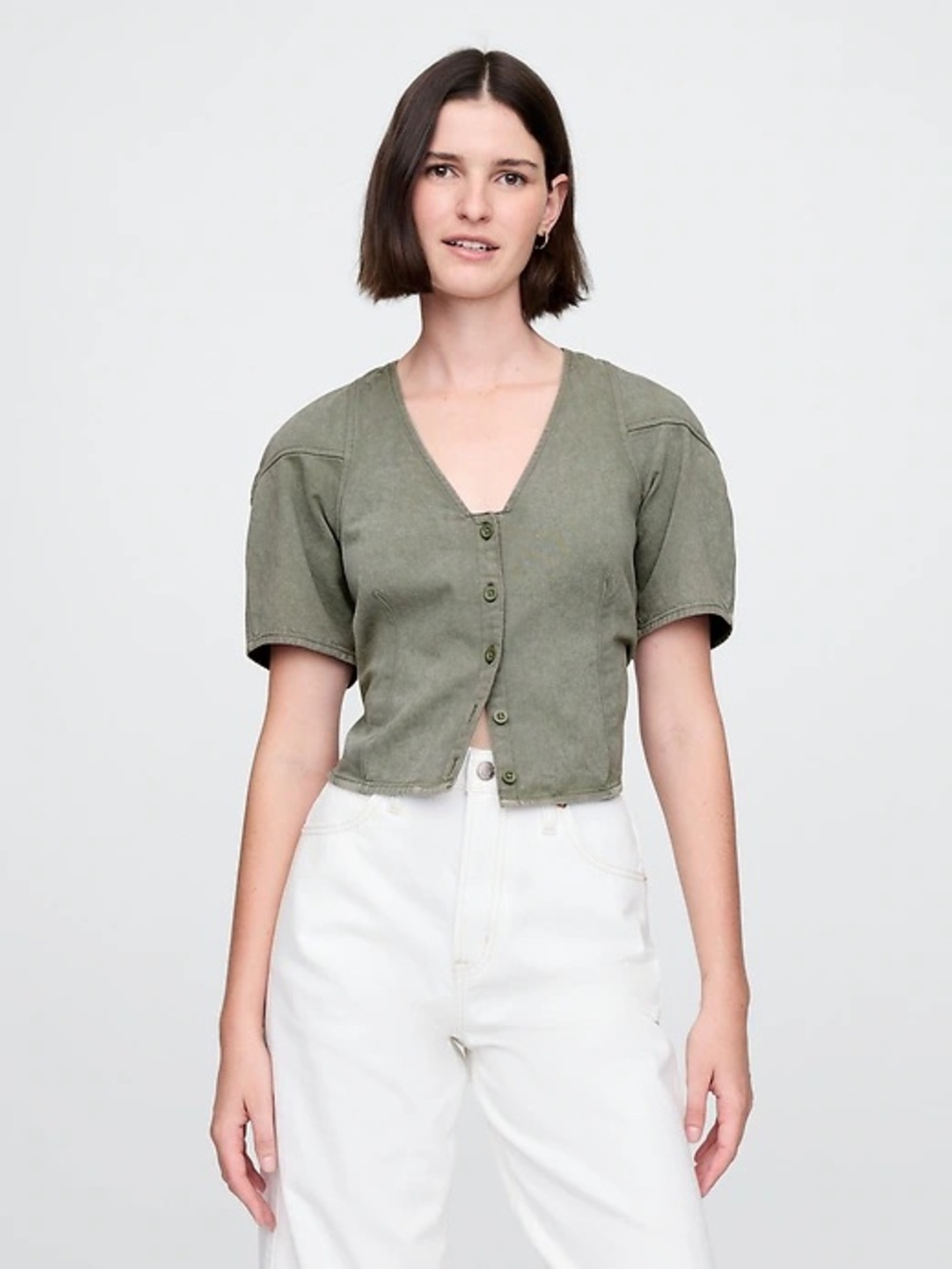 GAP | denim barrel sleeve cropped shirt | size xs
